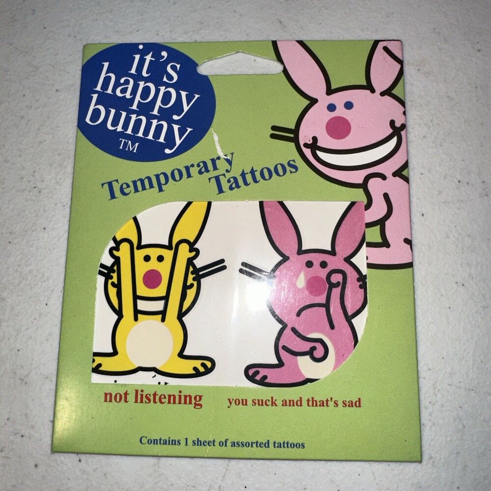 Vintage Happy Bunny Temporary Tattoos “not Listening , You Suck And Thats Sad”
